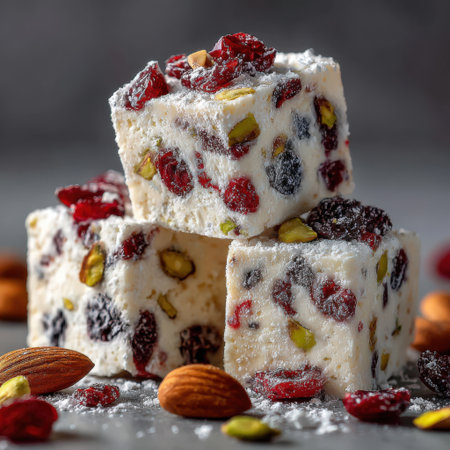 Stacked dessert squares featuring nuts and dried fruits on a textured surface, creating a vibrant and appealing treat ideal for festive gatherings and celebrationsの素材