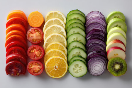 Colorful display of sliced vegetables and fruits arranged in a visually appealing pattern, highlighting freshness and healthy eating options for culinary creativityの素材