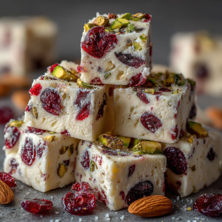 Tasty dessert squares with creamy texture, adorned with dried cranberries and pistachios, creating a colorful and inviting treat for celebrations and gatheringsの素材
