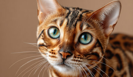 Bengal cat with vibrant green eyes, displaying its distinctive spotted coat, looks intently at the camera against a smooth neutral backdrop, emphasizing its beautyの素材