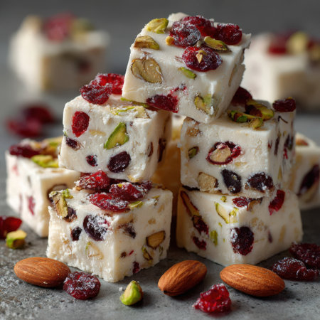 Sweet confectionery made with nuts and dried fruits, beautifully arranged on a textured surface, highlighting vibrant colors and appealing textures for dessert enthusiastsの素材