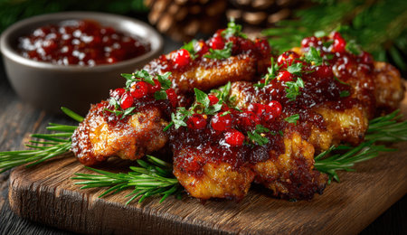 Glazed chicken wings garnished with red berries and herbs, presented on a wooden board surrounded by pinecones, creating a warm and inviting atmosphere for celebrationsの素材