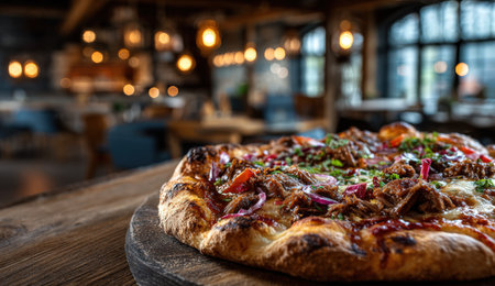 Gourmet pizza features savory toppings of meat and vegetables, presented on a wooden board in a warm, inviting restaurant atmosphere with soft lightingの素材