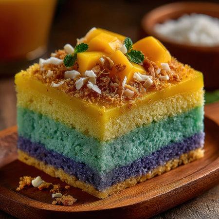 Layered dessert features vibrant yellow, green, and purple sponge cake topped with fresh mango, coconut flakes, and mint leaves, highlighting culinary creativity and deliciousnessの素材