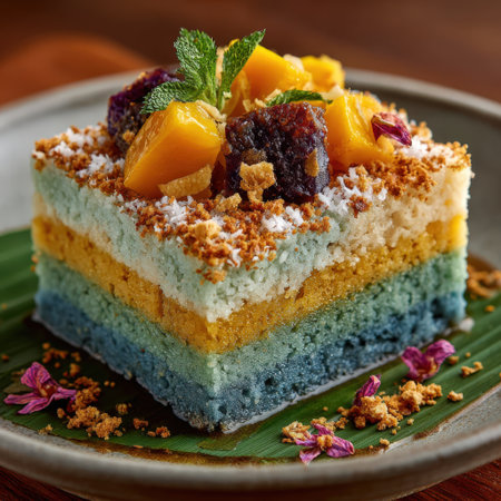 Layered dessert showcases blue, yellow, and white cake topped with mango, edible flowers, and mint, elegantly arranged on a rustic plate, perfect for celebrationsの素材
