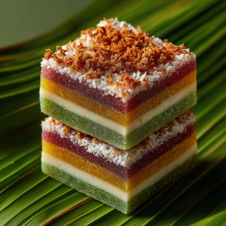 Layered dessert squares with vibrant colors and coconut topping, beautifully arranged on palm leaves, highlighting textures and inviting presentation for food enthusiastsの素材
