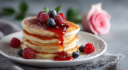 Fluffy pancakes are beautifully arranged on a plate, garnished with fresh berries and syrup, complemented by a rose, creating an inviting breakfast atmosphereの素材