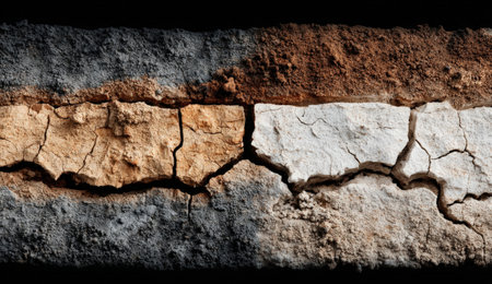 Cracked wall surface displaying a blend of earthy tones, including brown, white, and gray, emphasizing the intricate textures and natural aging in a captivating mannerの素材