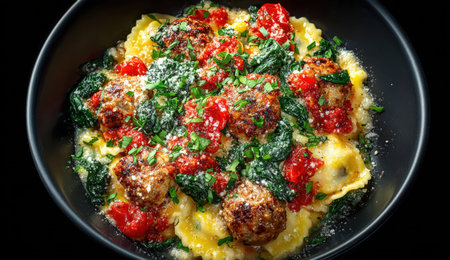 Ravioli served with meatballs and spinach, complemented by a rich tomato sauce and herbs, creating an appetizing and colorful presentation for food loversの素材