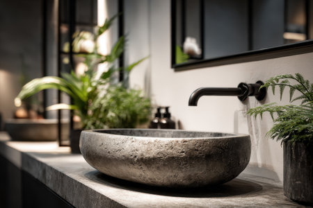 Contemporary bathroom design showcases a smooth stone sink on a clean countertop, complemented by vibrant plants and elegant fixtures, enhancing the tranquil ambianceの素材