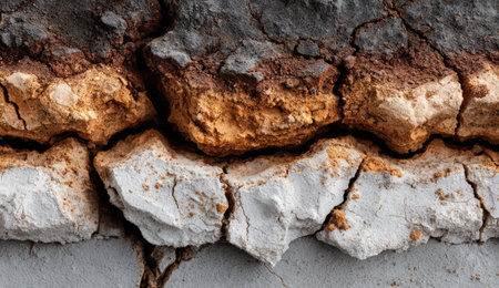 Close-up view of cracked earth displaying layers of brown and white soil, highlighting natural erosion and geological textures in a vibrant, earthy settingの素材