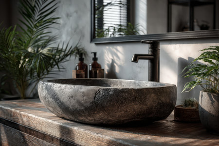 Stone basin rests on wooden countertop in a contemporary bathroom, surrounded by plants and decorative items, enhancing the tranquil and stylish environmentの素材