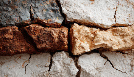 Wall composed of various stones in earthy colors, displaying cracks and rough textures, creating a rustic ambiance and highlighting natural imperfectionsの素材