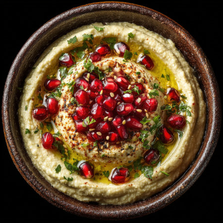 Creamy hummus garnished with bright pomegranate seeds and fresh herbs in a rustic bowl, highlighting a colorful and appetizing Mediterranean dishの素材