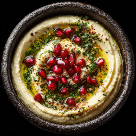 Creamy hummus garnished with fresh pomegranate seeds and herbs in a rustic bowl, highlighting vibrant colors and textures, ideal for healthy culinary dishesの素材