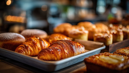 Assorted pastries including croissants and muffins are displayed on a tray, highlighting their golden textures and inviting aroma in a warm bakery atmosphereの素材
