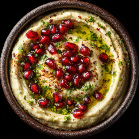 Creamy hummus garnished with bright pomegranate seeds and olive oil, presented in a rustic bowl, perfect for Mediterranean cuisine lovers and healthy snackingの素材