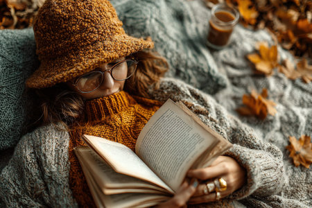 Female reader in a cozy sweater and hat, enjoying a book on a blanket with autumn leaves, creating a serene and inviting environment for relaxationの素材