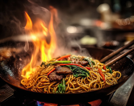 Sizzling stir-fried noodles with beef and vegetables in a wok, flames dancing, creating a vibrant and dynamic cooking scene in a lively kitchen atmosphereの素材