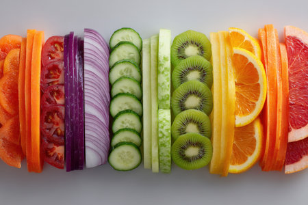 Vibrant display of sliced fruits and vegetables, featuring a rainbow of colors and textures, perfect for promoting healthy eating and culinary creativityの素材