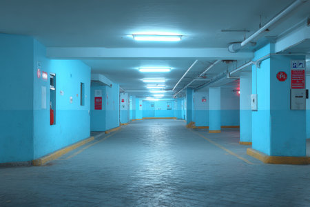 Underground parking garage showcases bright blue walls and fluorescent lighting, creating a spacious atmosphere with empty parking spaces and a contemporary designの素材