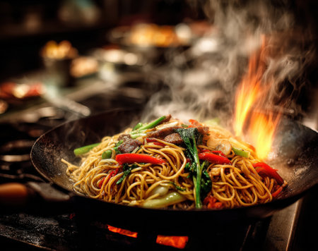 Sizzling stir-fried noodles with vibrant vegetables and meat in a wok, creating steam and flames, capturing the essence of culinary creativity and kitchen energyの素材