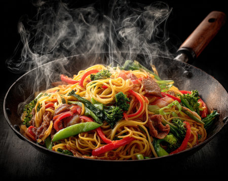 Delicious stir-fried noodles with fresh vegetables and meat in a sizzling wok, creating an inviting atmosphere with steam and vibrant colors enhancing the culinary experienceの素材