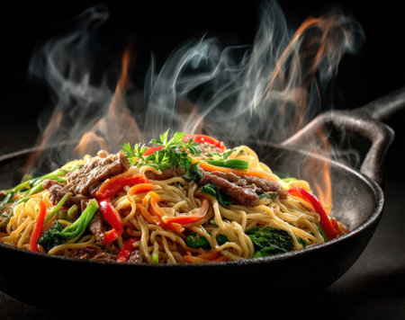 Stir-fried noodles with fresh vegetables and beef in a cast iron skillet, creating a mouthwatering dish with vibrant colors and enticing steam rising from the mealの素材