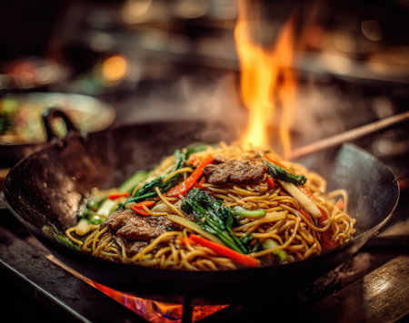 Colorful stir-fried noodles with vegetables and beef in a wok, flames rising, highlighting the dynamic cooking process and rich textures of the dishの素材