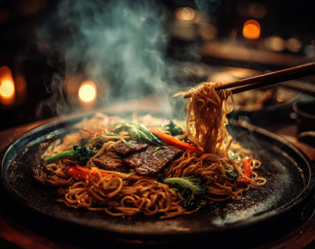 Stir-fried noodles with beef and colorful vegetables, served on a hot plate, with steam rising, creating a warm and appetizing atmosphere for food loversの素材