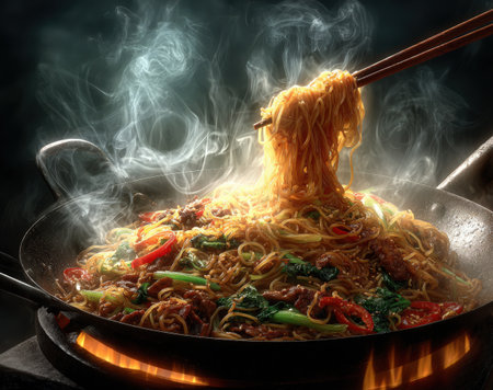 Bowl of noodles with colorful vegetables, steam rising in a dark setting, highlighting the culinary experience and inviting ambiance for food loversの素材
