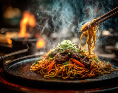 Stir-fried noodles with beef and vegetables served on a hot plate, steam rising, creating an inviting ambiance with vibrant colors and rich texturesの素材