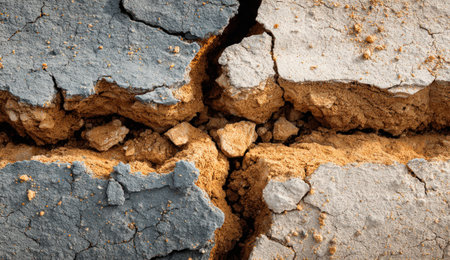 Close-up view of cracked earth revealing dry soil and sandy textures, illustrating the impact of drought and erosion on the natural landscape and environmentの素材