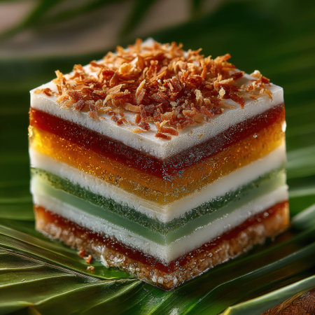 Layered dessert features vibrant colors and coconut topping, beautifully arranged on a tropical leaf, emphasizing the artistry of culinary creations and indulgent flavorsの素材