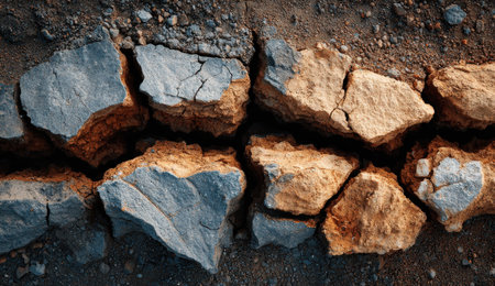 Close-up view of cracked earth displaying rough textures and contrasting colors, highlighting geological formations and the effects of environmental changes on the landscapeの素材