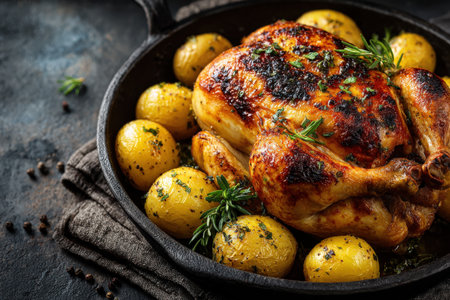 Succulent roasted chicken with crispy skin, accompanied by tender baby potatoes and fresh herbs, beautifully arranged in a cast iron skillet, perfect for food photographyの素材