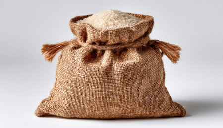 Burlap sack containing white rice, tied with twine, placed on a neutral background, highlighting natural materials and agricultural themes for sustainable livingの素材