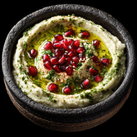 Delicious hummus with pomegranate seeds and olive oil, presented in a rustic bowl, highlighting rich textures and colors, ideal for healthy culinary dishesの素材