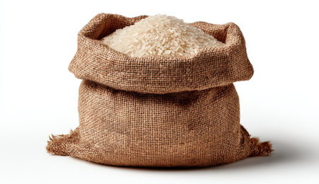 Burlap sack containing uncooked white rice, highlighting the texture of the sack and grains, representing food storage and agricultural themesの素材
