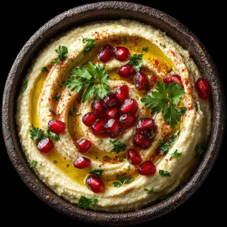 Creamy hummus garnished with pomegranate seeds and fresh herbs in a rustic bowl, highlighting vibrant colors and textures, ideal for healthy Mediterranean dishesの素材