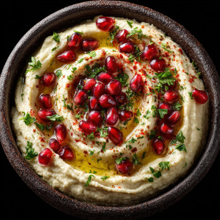 Creamy hummus is beautifully garnished with pomegranate seeds and fresh herbs in a rustic bowl, highlighting the vibrant colors and textures of this Middle Eastern delicacyの素材