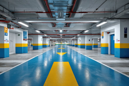 Spacious underground parking garage features bright blue and yellow lane markings, well-lit areas, and organized spaces, creating a safe and modern environment for vehiclesの素材