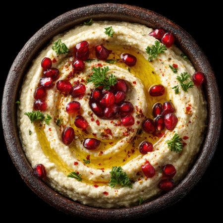 Creamy hummus garnished with pomegranate seeds and herbs in a wooden bowl, highlighting rich textures and colors, perfect for culinary presentations and appetizing visualsの素材