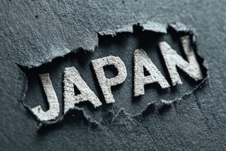 Torn paper reveals the word Japan on a textured surface, symbolizing cultural exploration and discovery, creating a visually engaging and artistic representationの素材