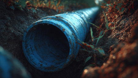 Close-up view of a blue plastic pipe embedded in soil, surrounded by greenery, illustrating construction work and the interaction with natureの素材