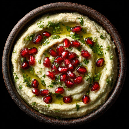 Creamy hummus garnished with pomegranate seeds and olive oil in a rustic bowl, highlighting rich textures and vibrant colors for an appetizing presentationの素材