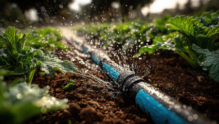 Blue irrigation pipe sprays water in a green field filled with leafy vegetables, highlighting the importance of water management in agriculture and promoting healthy growthの素材