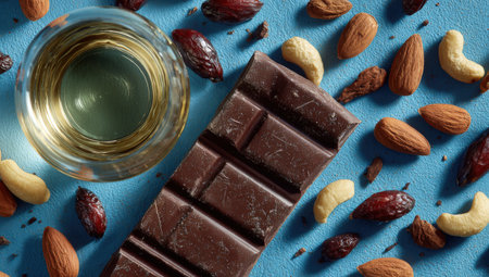 Dark chocolate bar is placed among various nuts and dried fruits, alongside a glass of golden liquid, showcasing a delicious and inviting snack arrangementの素材