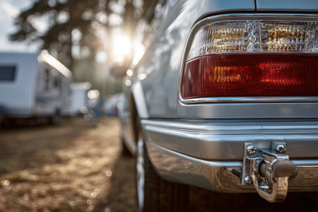 Silver vintage car parked outdoors, highlighting its rear design with sunlight streaming through trees, creating a nostalgic atmosphere of exploration and freedomの素材