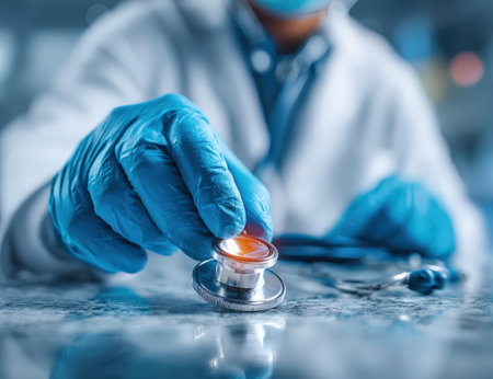 Healthcare worker in blue gloves is carefully handling a stethoscope in a clinical setting, showcasing dedication to patient care and medical professionalismの素材